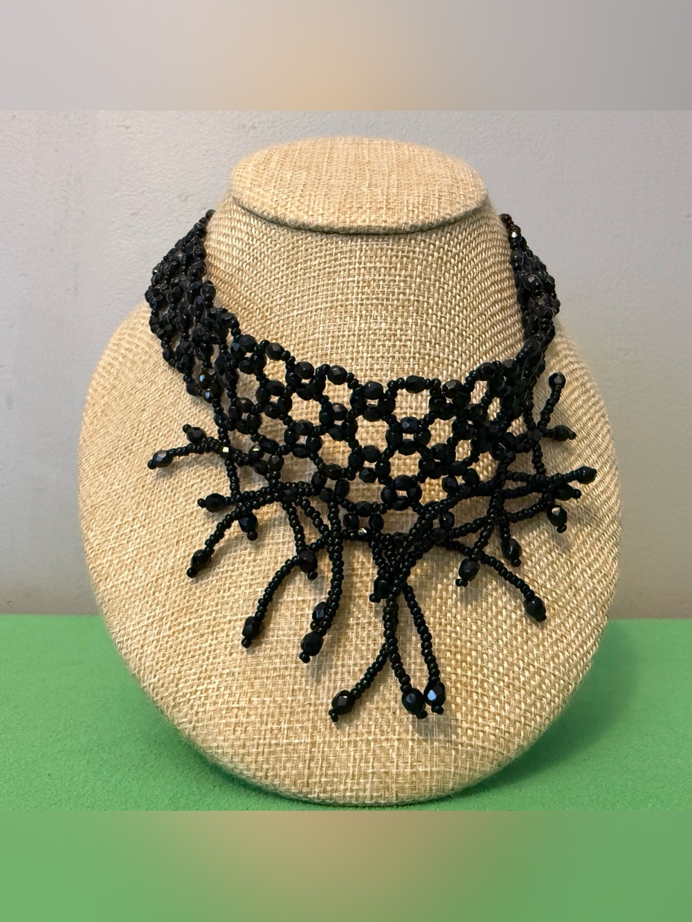 Handcrafted Black Beaded Fringe Collar Necklace Victorian Style